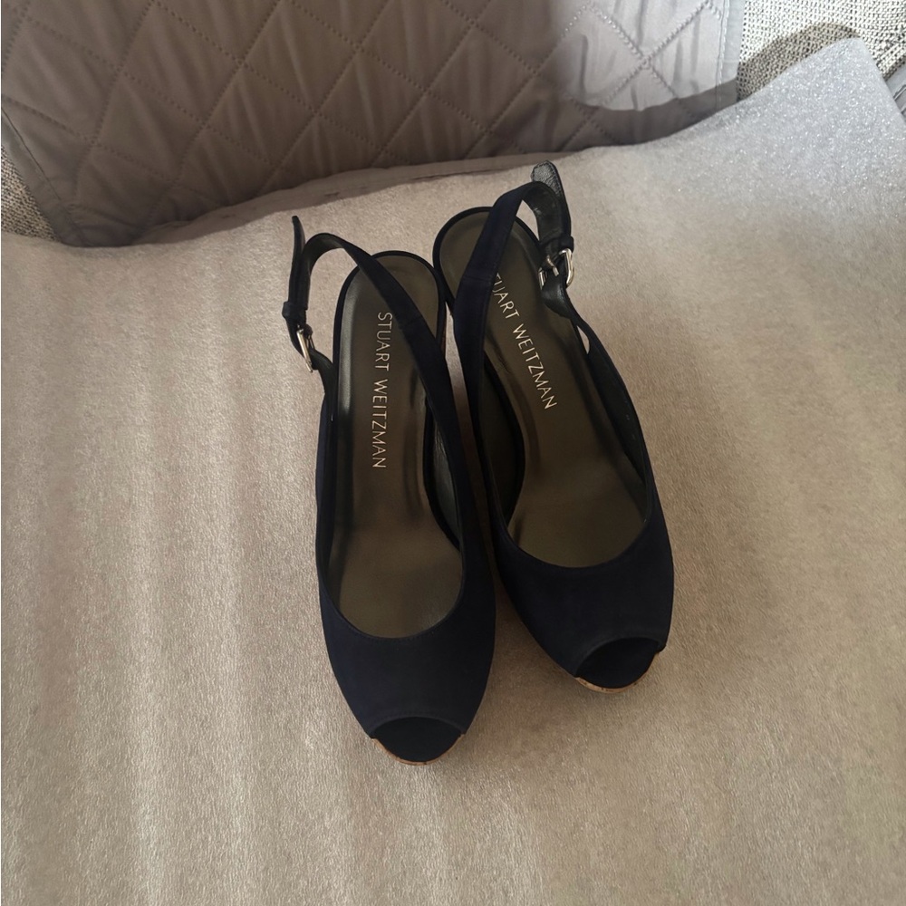 Stuart Weitzman Dark Blue Sued Peep-Toe Slingback NWT!